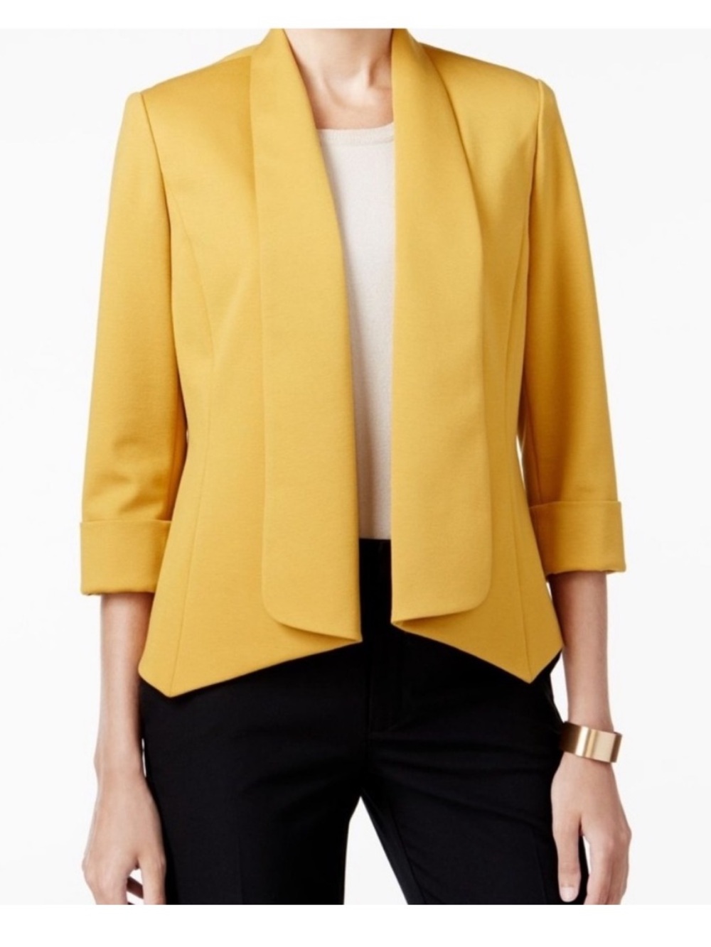 KASPER MUSTARD SLICK OPEN FRONT DRAPED BLAZER size 4